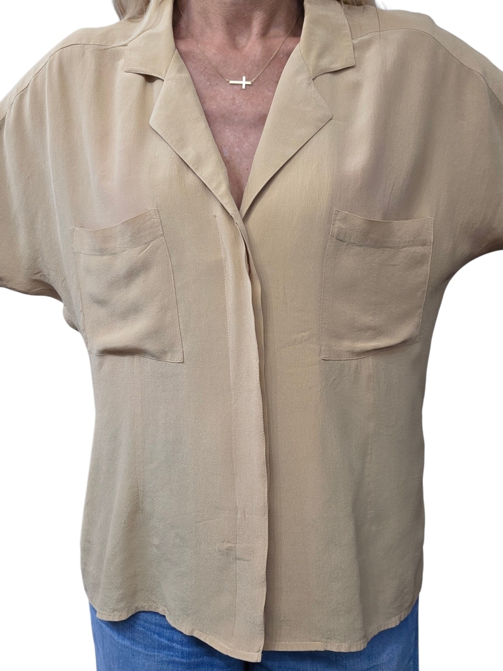 Vintage 90s Haberdasher 100% Silk Tan Camp Collar Blouse L - Picture 3 of 6